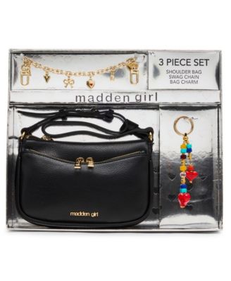 Faux Leather Shoulder Bag with Removable Swag Chain and Charm, 3-Piece Set