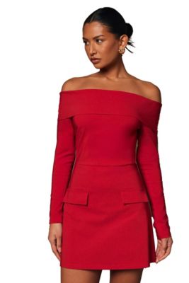 Women's Bengaline Bardot Long Sleeve Mini Dress