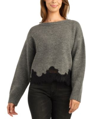 Juniors' Long-Sleeve Crewneck Lace Sweater