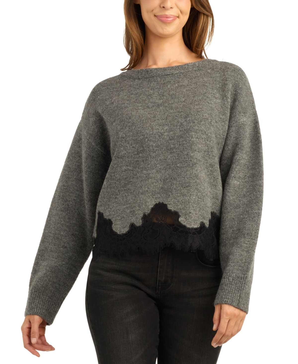 Bcx Juniors' Long-Sleeve Crewneck Lace Sweater - Charcoal