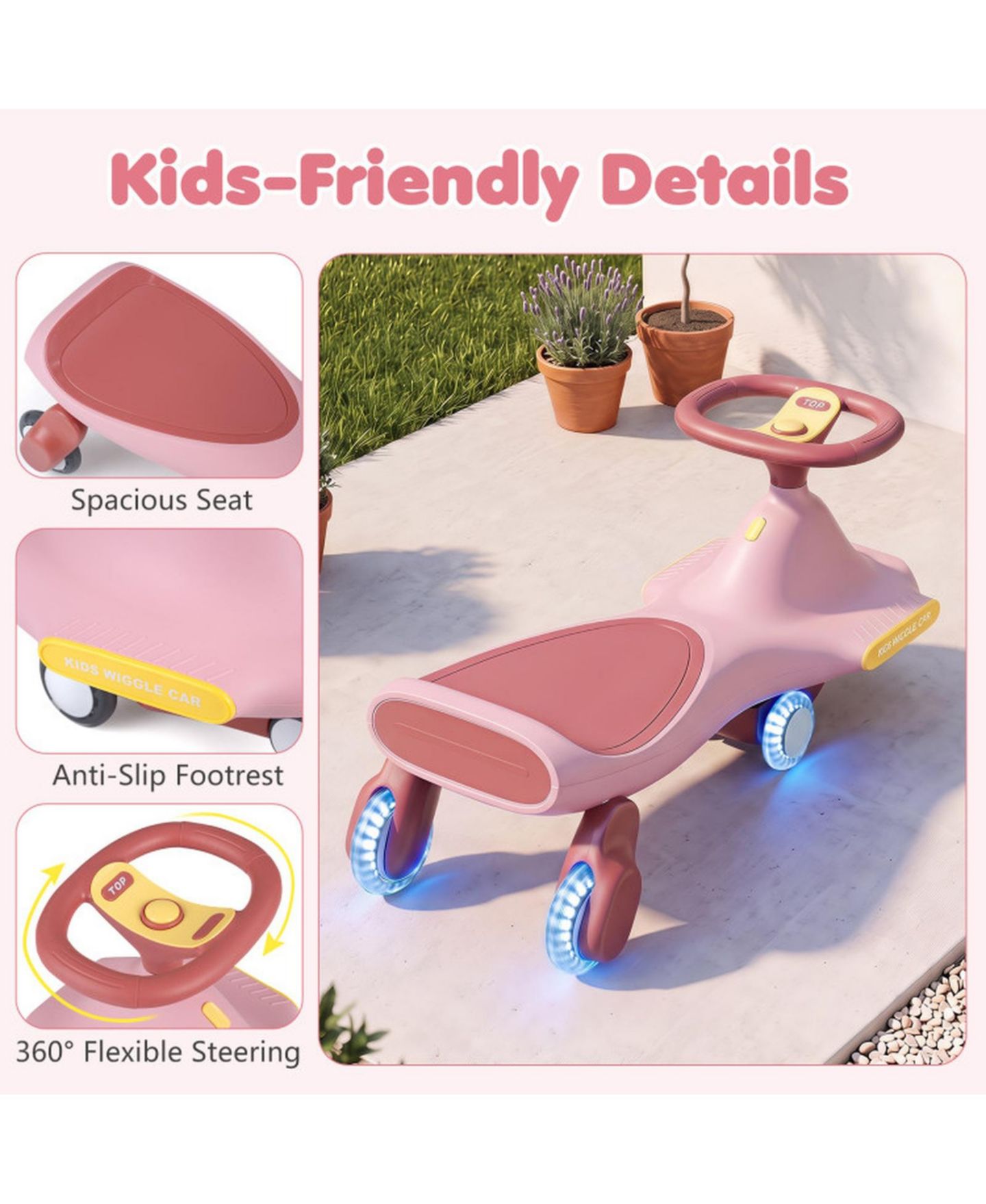 Детская игрушка HONGGE Wiggle Car with Six LED Flashing Wheels, No Pedals, Ages 2-8, цвет: Розовый — фото 7