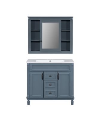 36 Inch Freestanding Bathroom Vanity with Mirror Cabinet, MDF Cabinet with Solid Wood Components, Ceramic Integrated Sink, Assembly Required