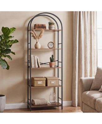 5-Tier Arched Bookshelf, 70"H Open Storage Shelf, Industrial, Black Frame with Brown Wood Shelves