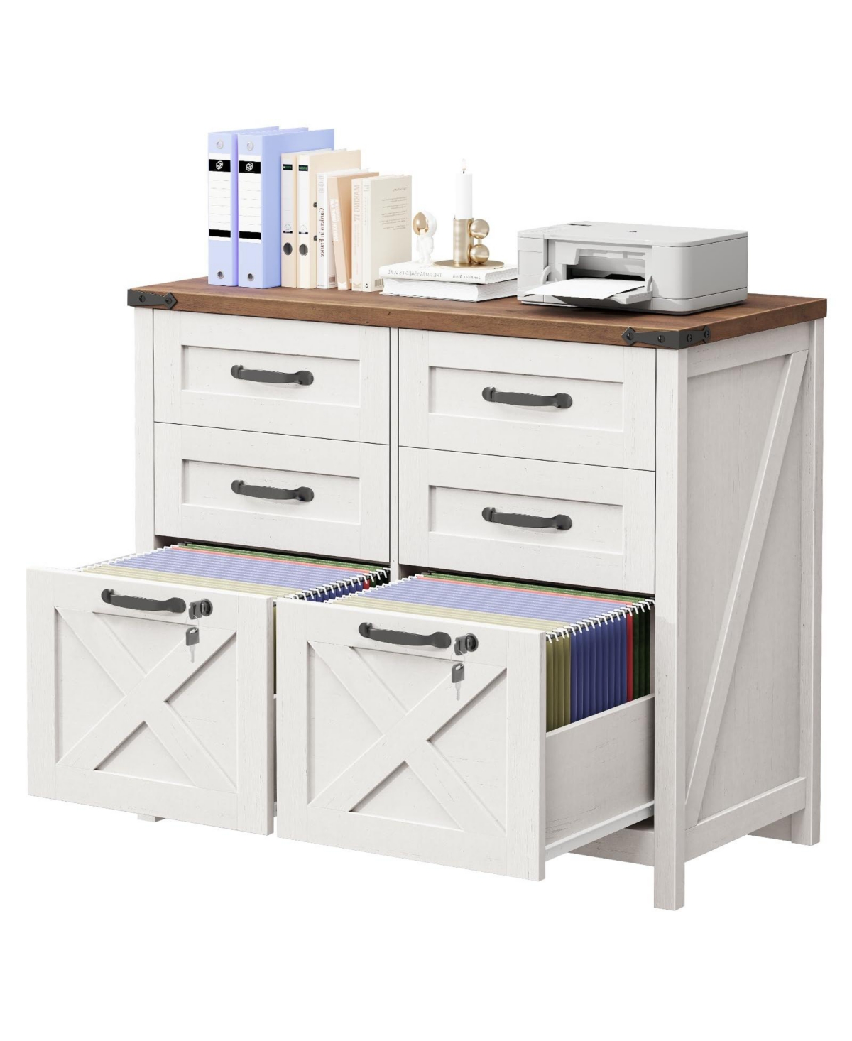 Vabches Farmhouse 6-Drawer 32.68-in Lateral File Cabinet with Lock and Printer Shelf - White
