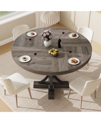 47" Round Dining Table for 4-6, Farmhouse Kitchen Table with Wooden Tabletop and Metal Pedestal Base for Dinner Room