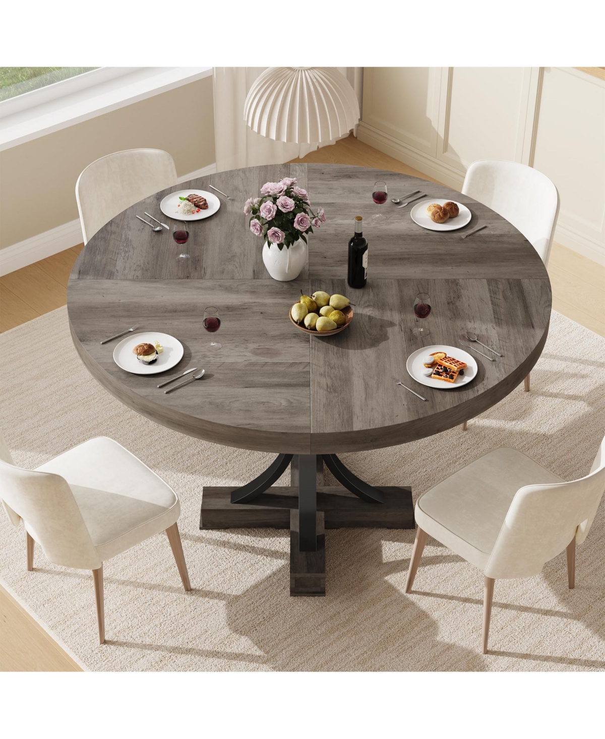 gaomon 47" Round Dining Table for 4-6, Farmhouse Kitchen Table with Wooden Tabletop and Metal Pedestal Base for Dinner Room