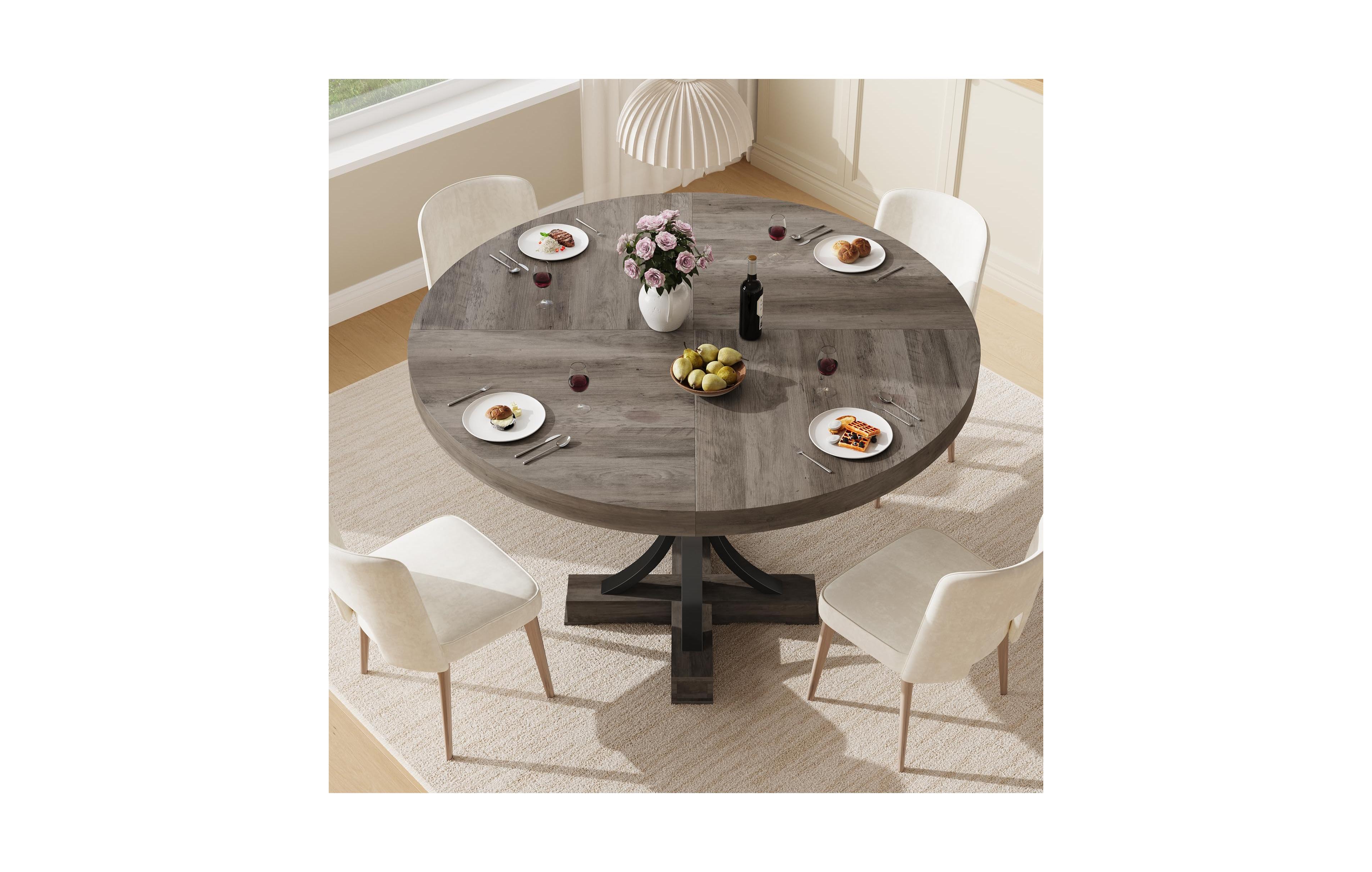 gaomon 47" Round Dining Table for 4-6, Farmhouse Kitchen Table with Wooden Tabletop and Metal Pedestal Base for Dinner Room