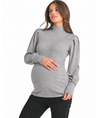 Women's Ribbed Mock-Neck Puff-Sleeve Top