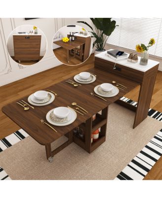 74" Extendable Walnut Dining Table with Power Socket and Storage Kitchen Island