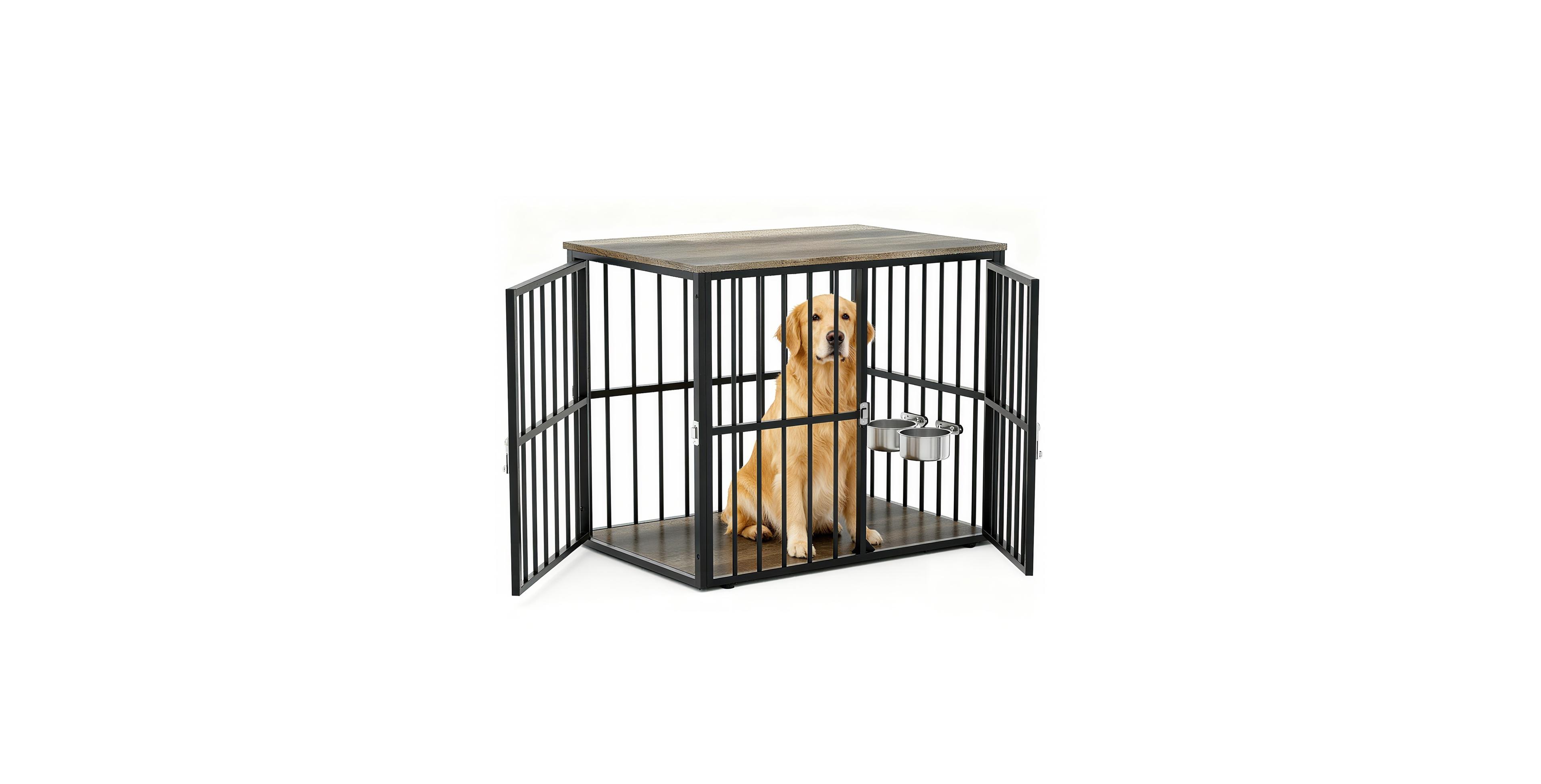 Lalfpet 43" Large Dog Crate Furniture with Double Doors , Heavy Duty Indoor Pet Cage Pet House with Lockable Dog Kennel Furniture