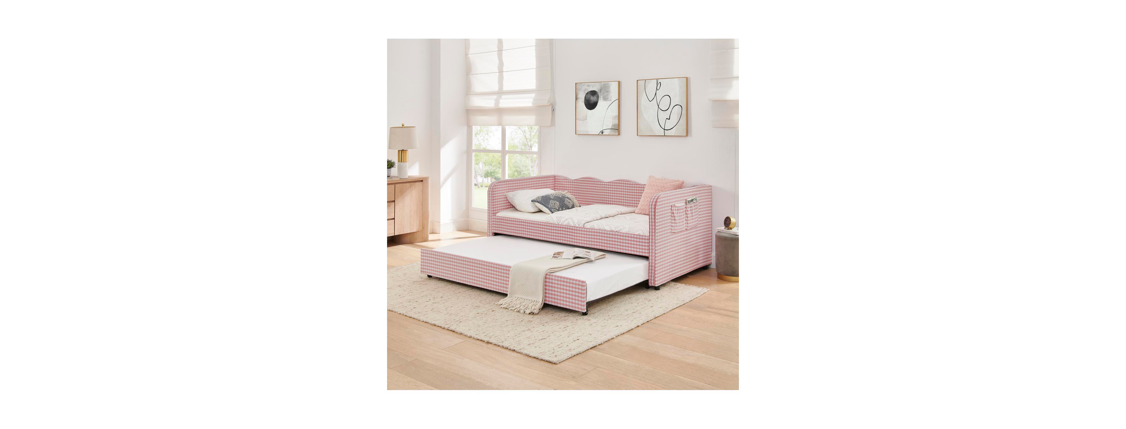 Streamdale Furniture Gingham Twin Daybed with Pull-Out Trundle and Storage Pockets