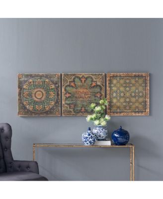 Set of 3 Multi-Colored Square Wall Art With Traditional Motifs, 24" x 24"