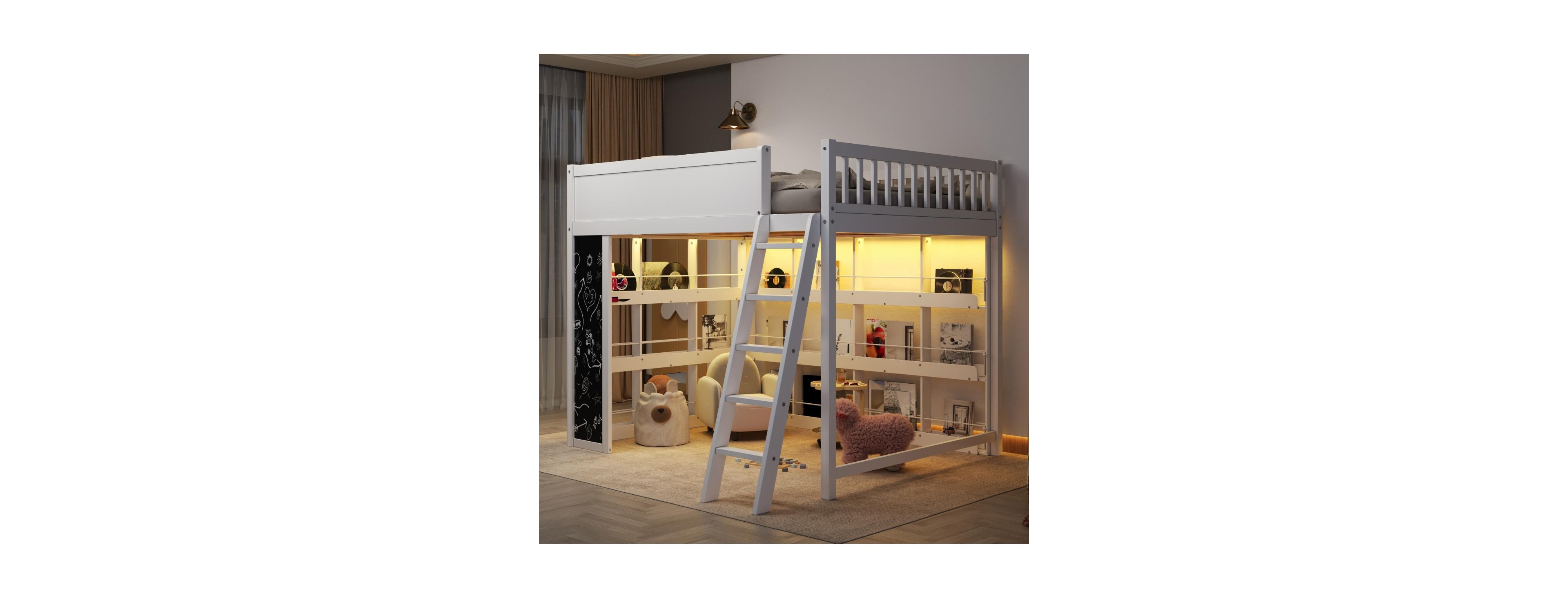 Streamdale Furniture Queen Wood Loft Bed with Led, Chalkboard and Shelves
