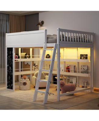 Streamdale Furniture Queen Wood Loft Bed with LED, Chalkboard and ...