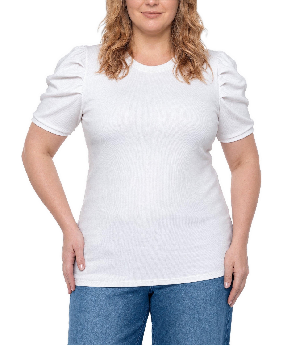 Torrid Plus Size Belle Isle Short-Puff Sleeves Ruched Cotton-Blend T-Shirt - Bright white