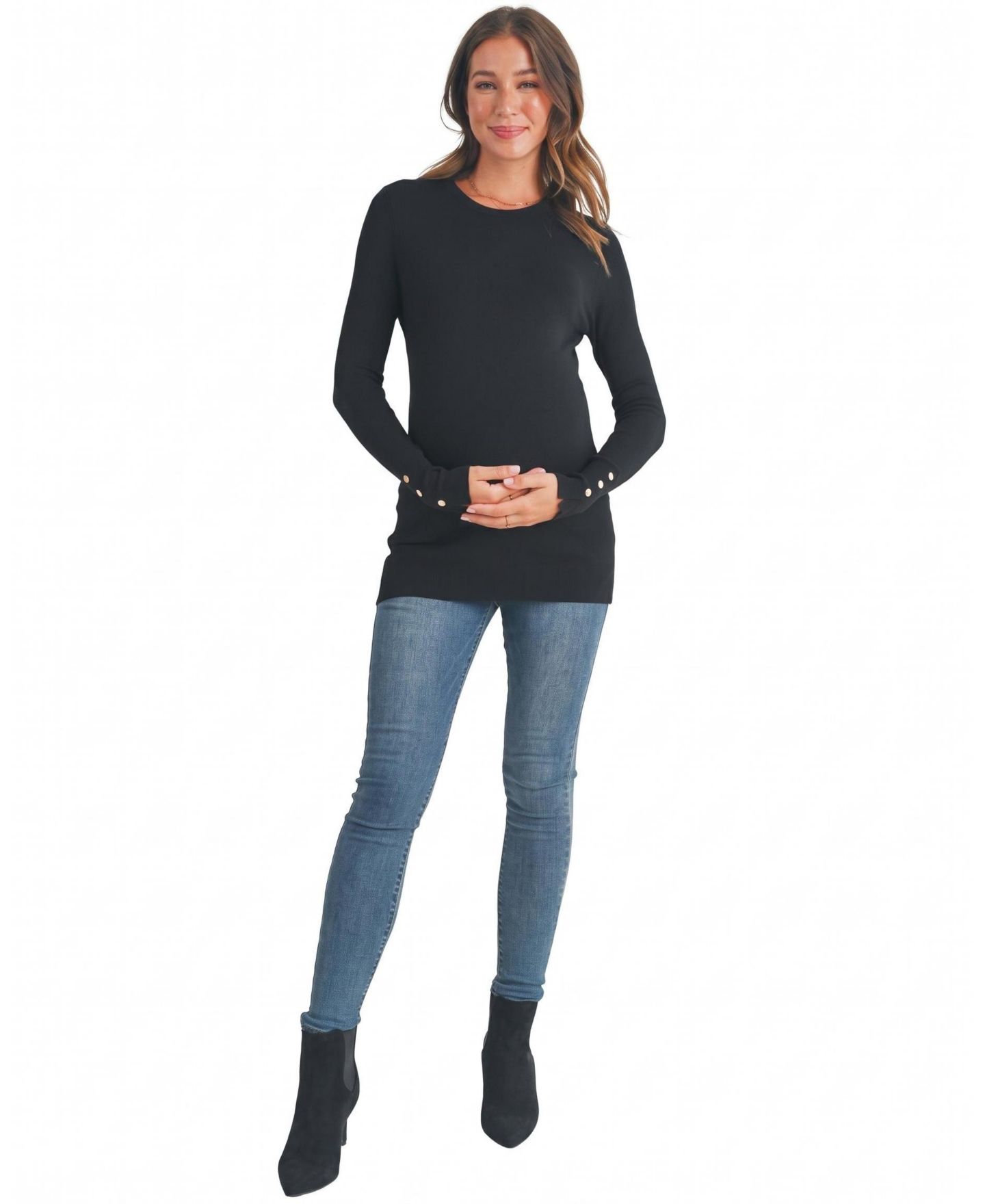 Женский свитер Hello Miz Maternity Long-Sleeve Crew Neck Button-Detail, цвет: Чёрный — фото 4