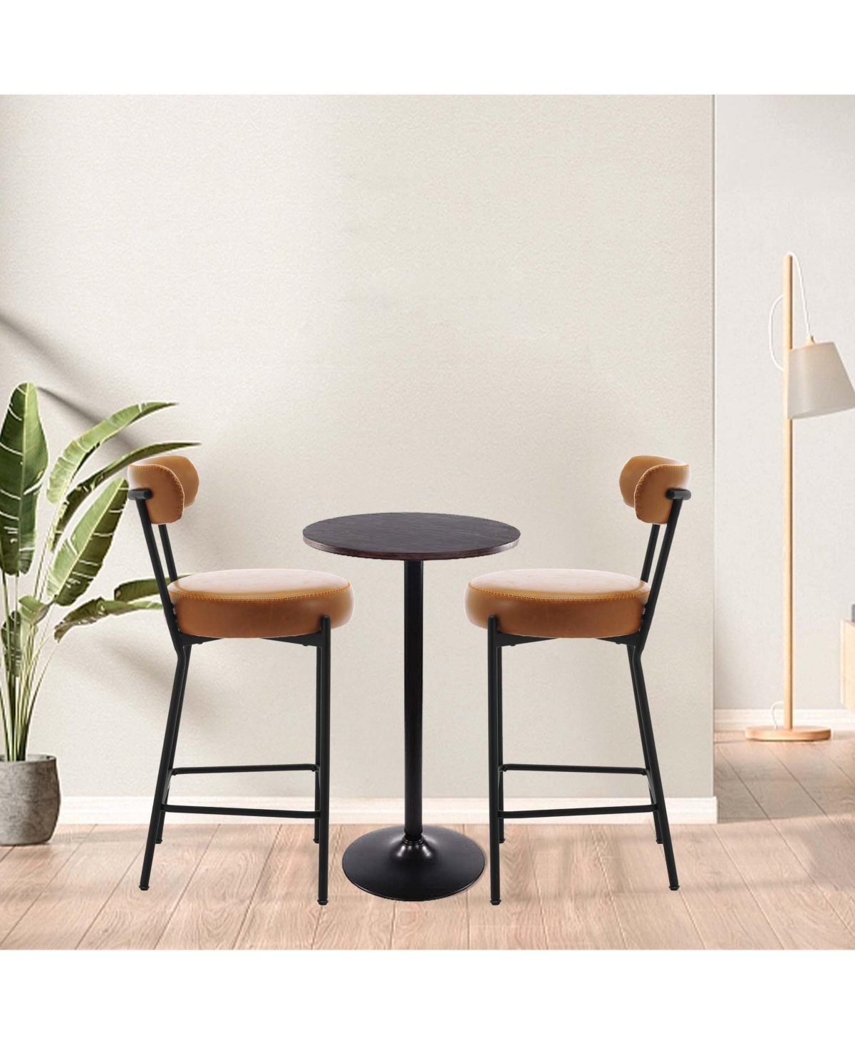 homfan Modern Comfort Leather Bar Stools Set of 2, 27-Inch Upholstered Chairs with Backrest, Metal Legs and Footrest for Kitchen Island