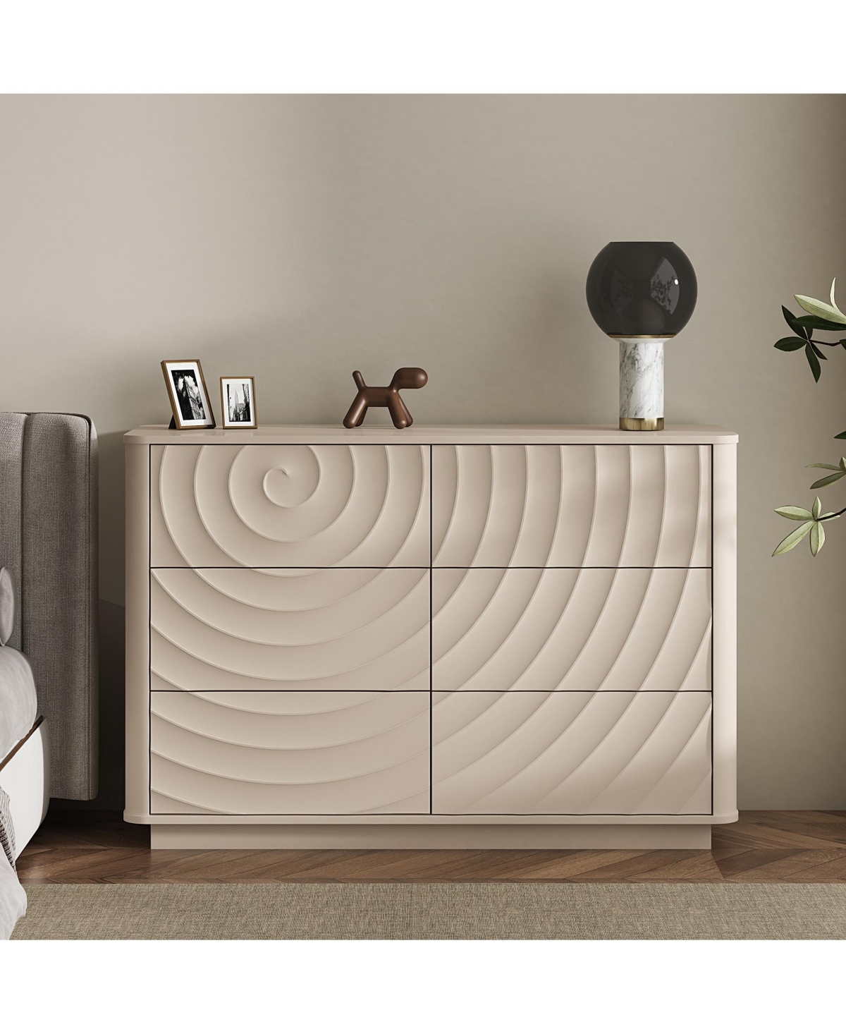 Clihome 46.5" 6 Drawer Dresser, Handle Free 3D Spiral Grain Wooden Chest of Drawers for Bedroom Nursery - White