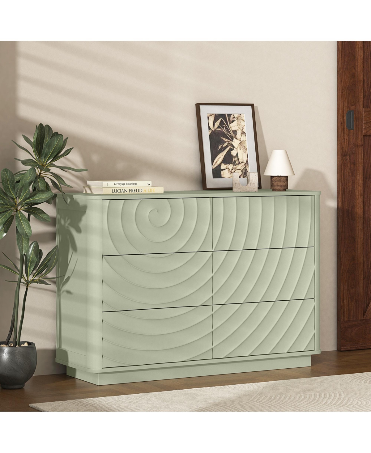 Clihome 46.5" 6 Drawer Dresser, Handle Free 3D Spiral Grain Wooden Chest of Drawers for Bedroom Nursery - Green