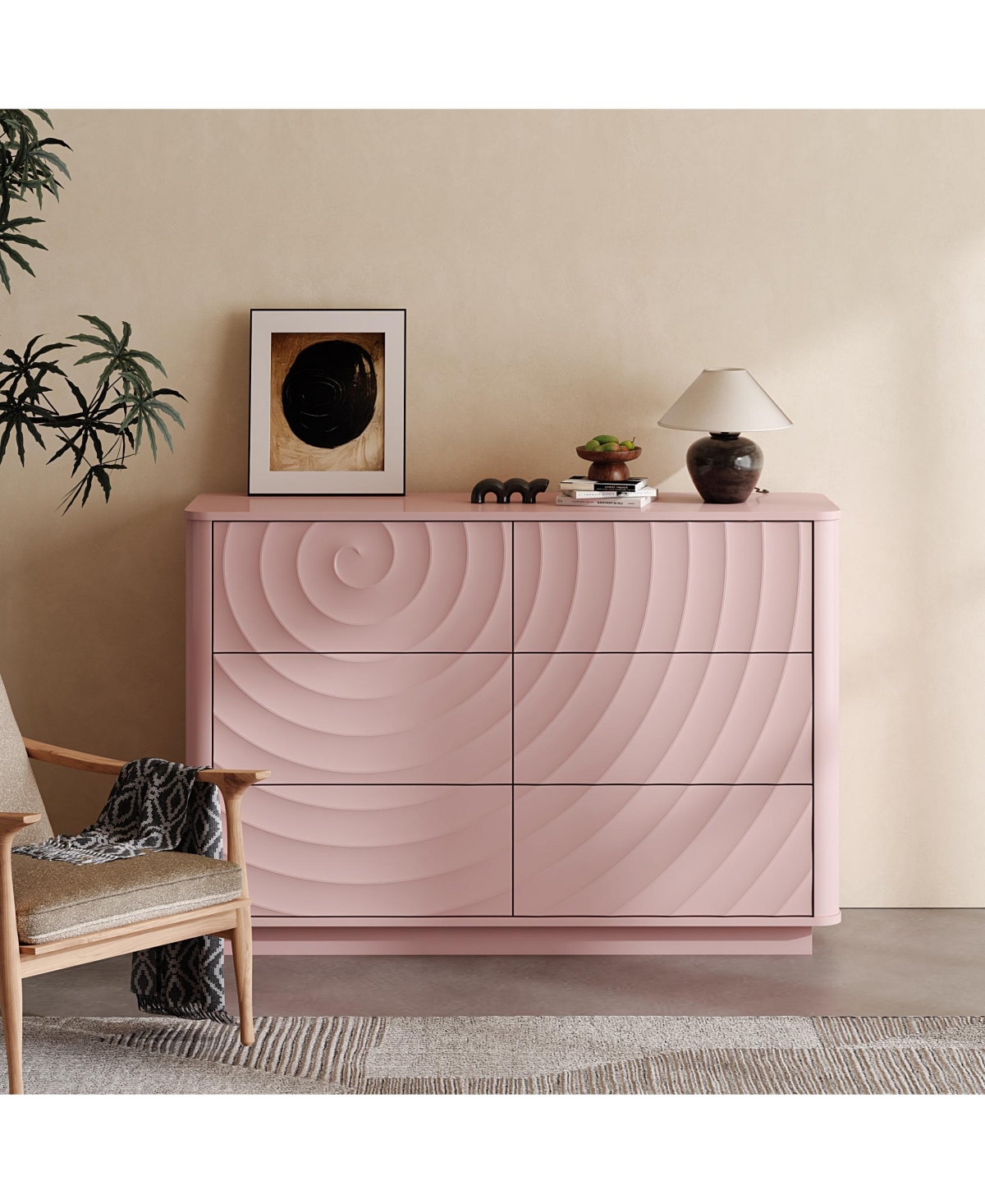 Clihome 46.5" 6 Drawer Dresser, Handle Free 3D Spiral Grain Wooden Chest of Drawers for Bedroom Nursery - Pink