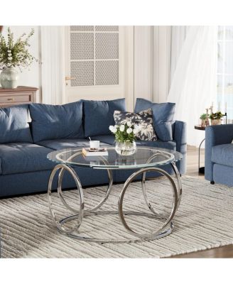 31.5" Modern Round Glass Coffee Table with Metal Frame