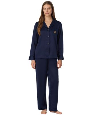 Petite Long-Sleeve Notch Collar Satin Top and Pants, 2-Piece Set