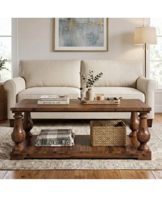 Farmhouse Solid Wood Coffee Table with Storage Shelf