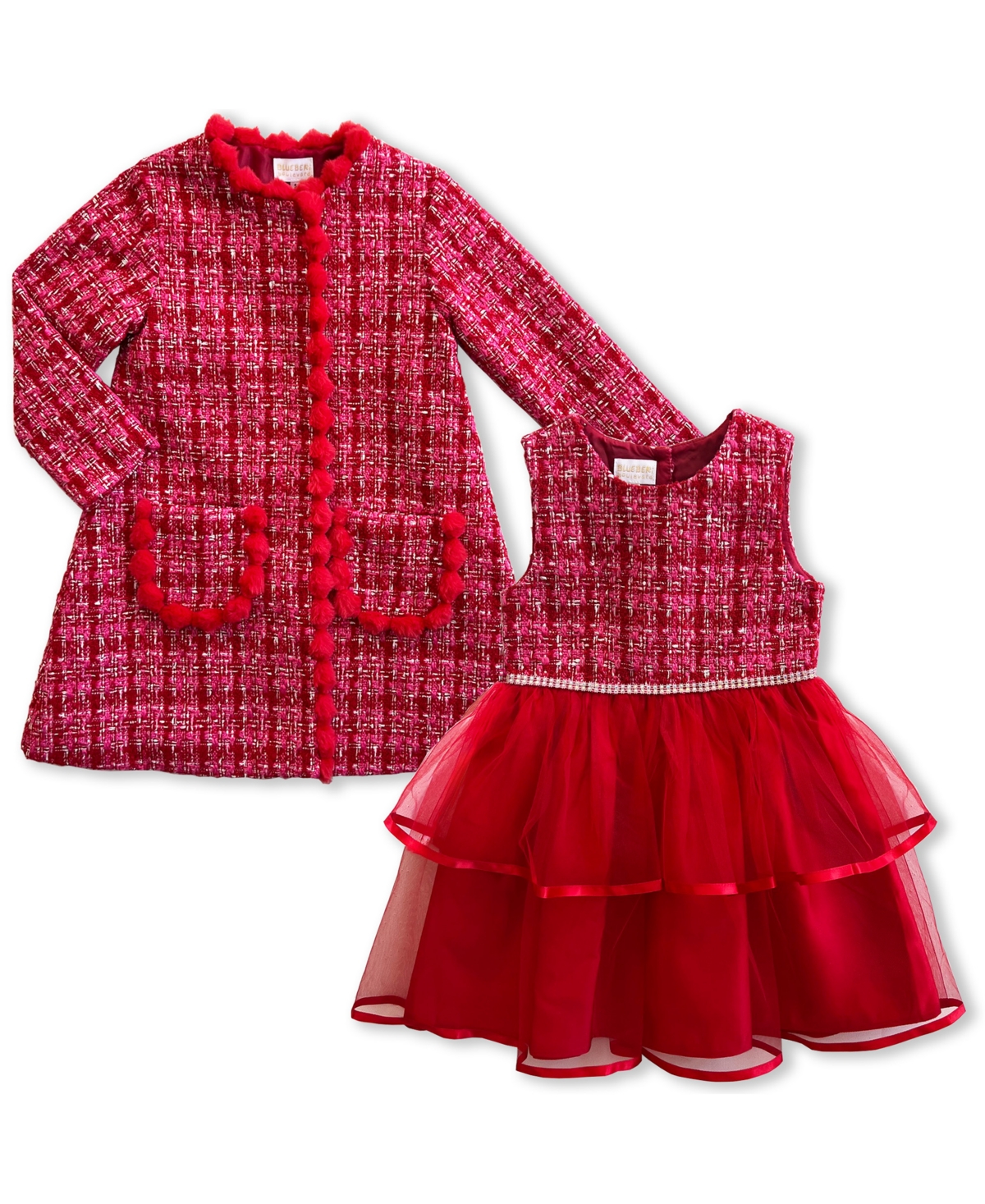 Blueberi Boulevard Girls' 2T-6X Boucle Coat and Tiered Tulle Dress, 2-Piece Set