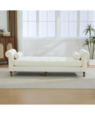 Modern Chenille Upholstered Bed Bench with 2 Pillows and Armrests