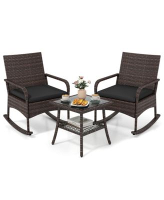 3-Piece Wicker Rocking Bistro Set with 2-Tier Glass Top Side Table