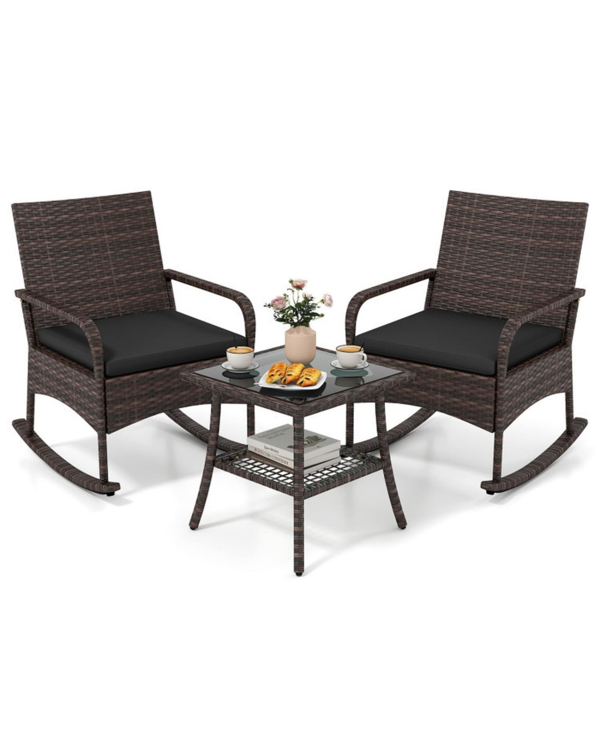 Gouun 3-Piece Wicker Rocking Bistro Set with 2-Tier Glass Top Side Table