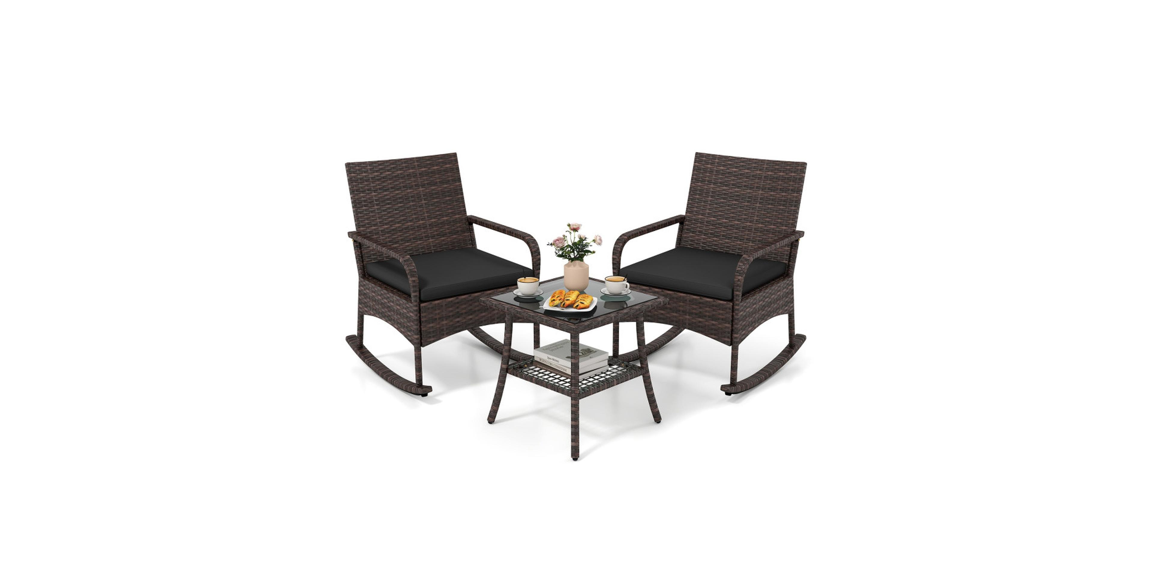 Gouun 3-Piece Wicker Rocking Bistro Set with 2-Tier Glass Top Side Table