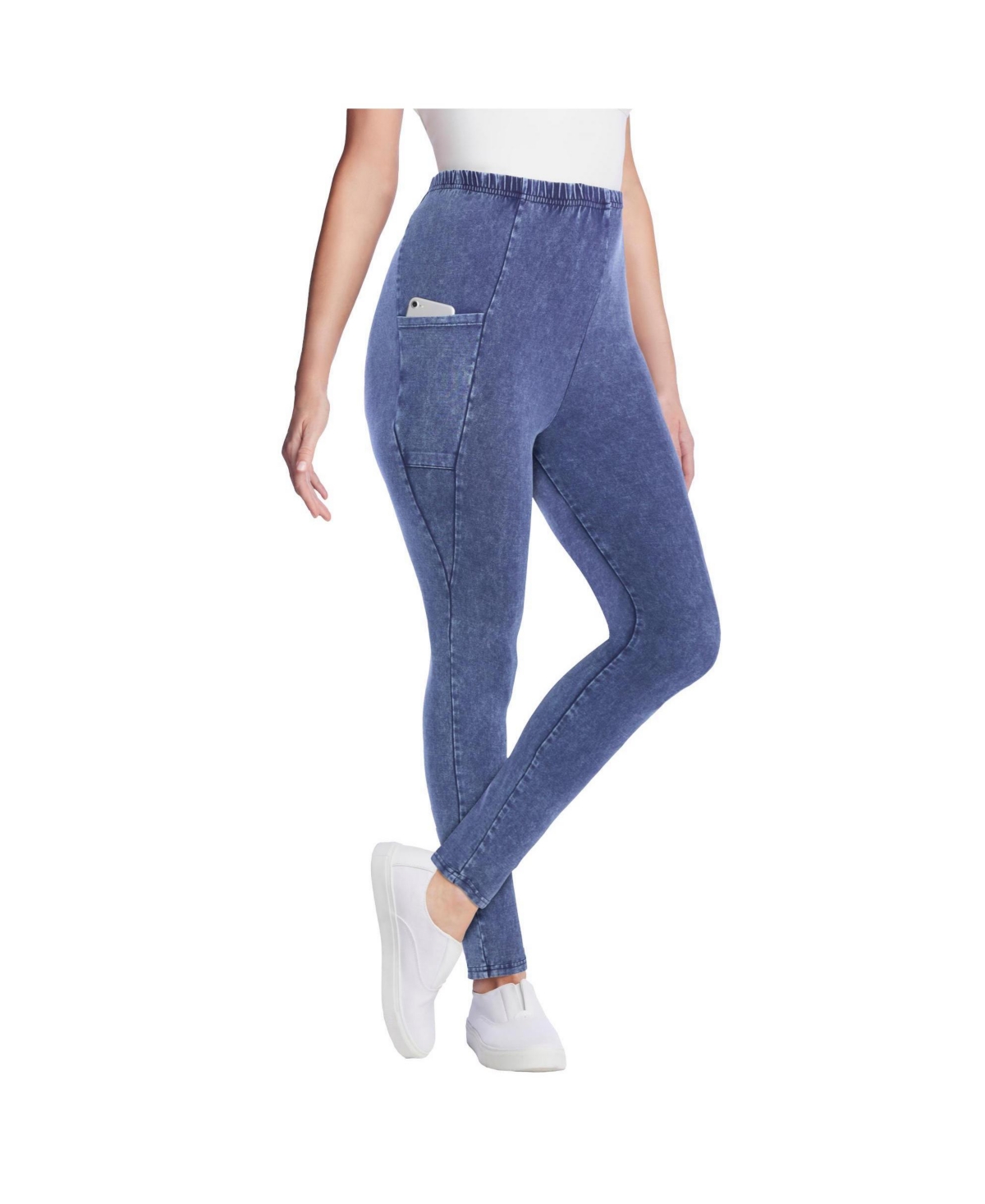 Woman Within Women's Within Stretch-Cotton Knit Pull-On Pocket Leggings - Stone wash
