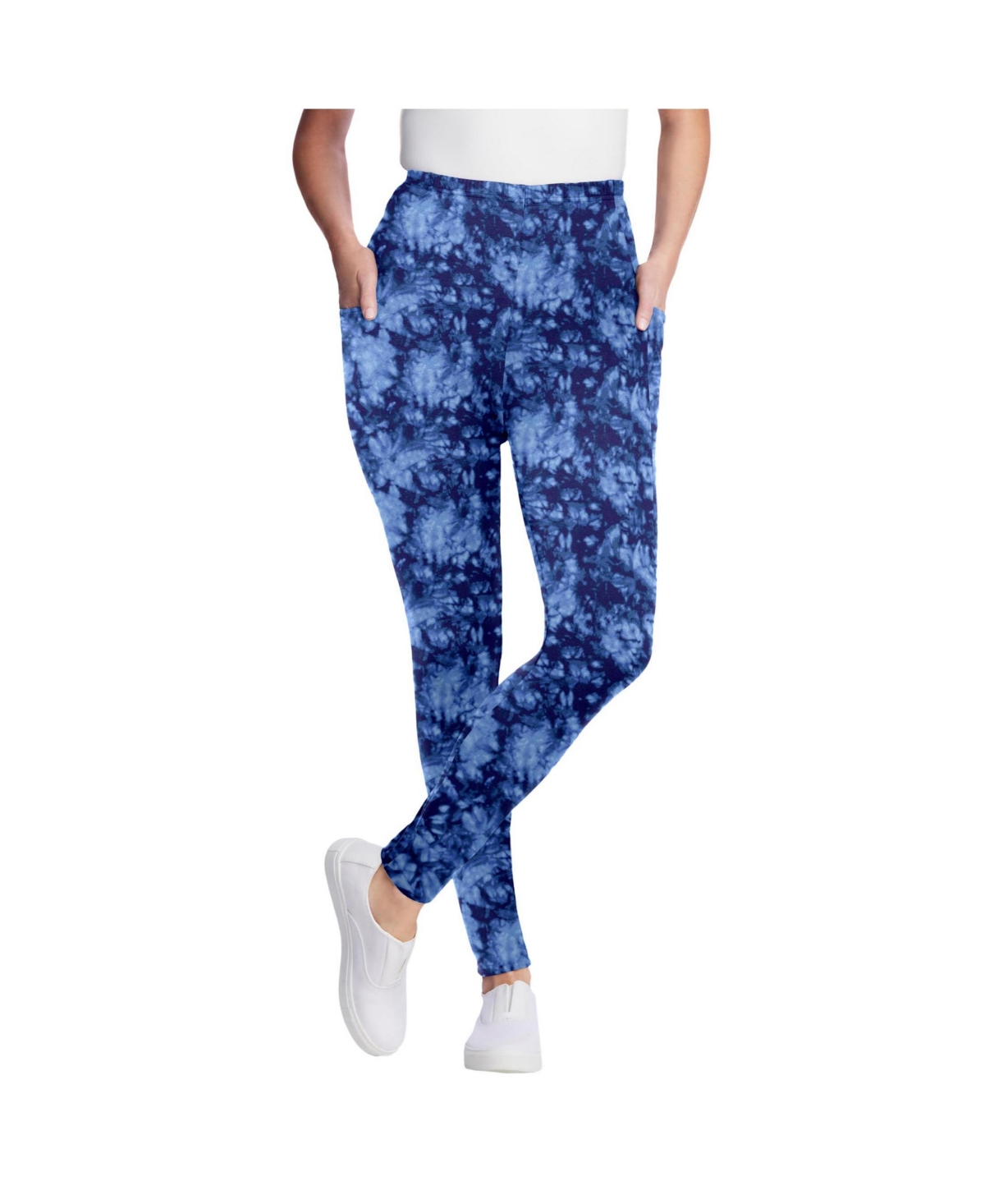 Woman Within Women's Within Stretch-Cotton Knit Pull-On Pocket Leggings - Blue tie dye