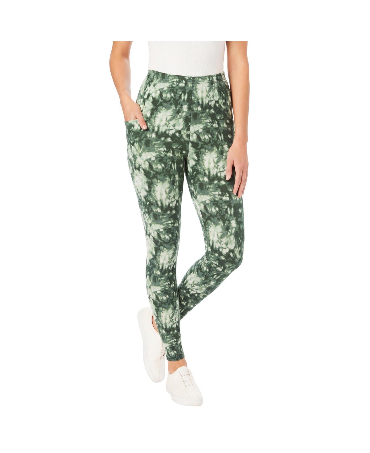 Woman Within Women's Within Stretch-Cotton Knit Pull-On Pocket Leggings - Pine tie dye