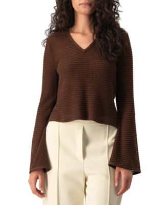 Women's Waffle-Knit V-Neck Flared Bell-Sleeve Cropped Sweater