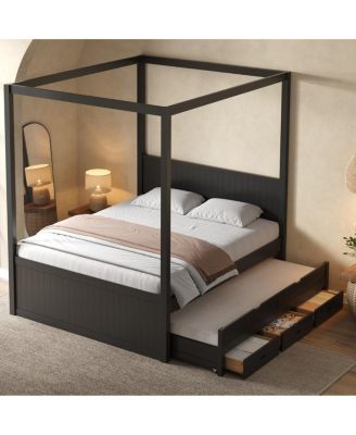  Queen Canopy Bed with Twin Trundle and 3 Drawers
