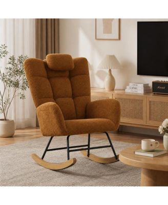 Upholstered Rocking Chair for Bedroom Nursery, High Back Glider Rocker with Removable Pillow and Side Pocket, Accent Armchair