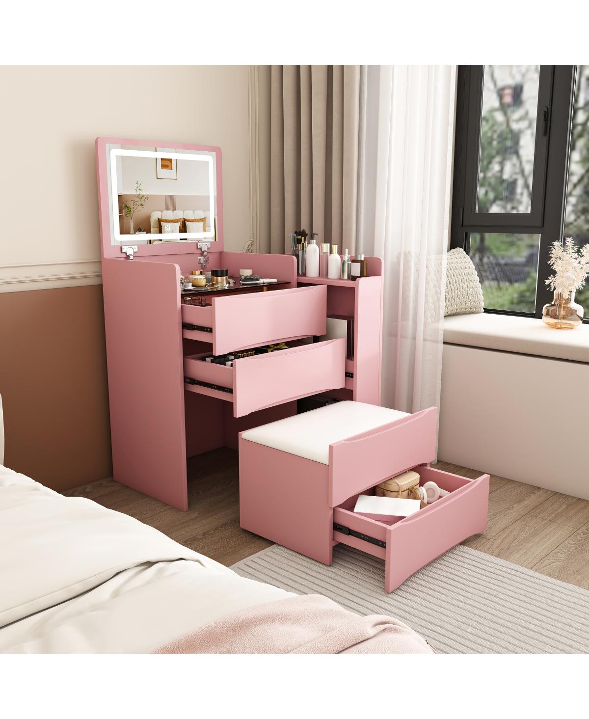 Streamdale Furniture 3-in-1 Flip Mirror Vanity Desk with Led Lights, Storage, and Stool - Pink