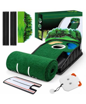 9ft Golf Putting Green Mat Set With Alignment Mirror Stroke Counter Auto Ball Return Home Practice Aid