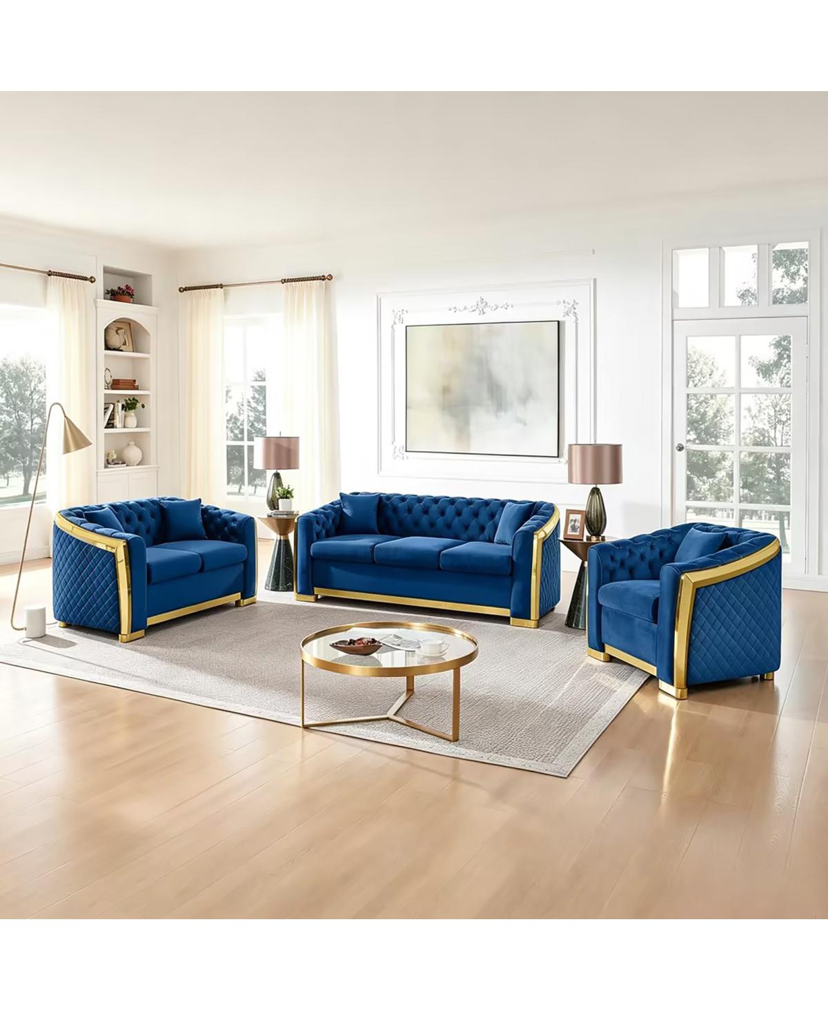 Streamdale Furniture Mid-Century Modern Velvet Chesterfield Sofa Set with 5 Pillows - Blue