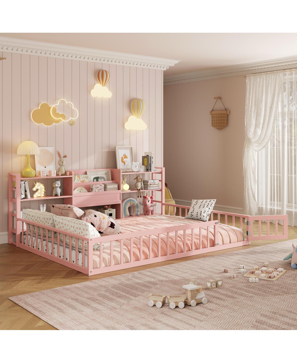Streamdale Furniture Full Size Floor Fence Bed Frame with Bookcase and 3-Tier Storage Shelves - Pink