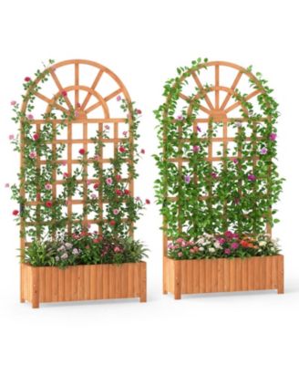Set of 2 Fir Wood Raised Garden Beds with 71 Inch Lattice Privacy Trellis