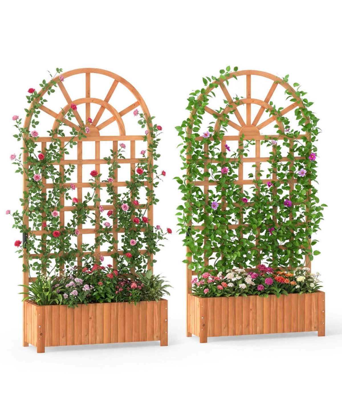 Gouun Set of 2 Fir Wood Raised Garden Beds with 71 Inch Lattice Privacy Trellis