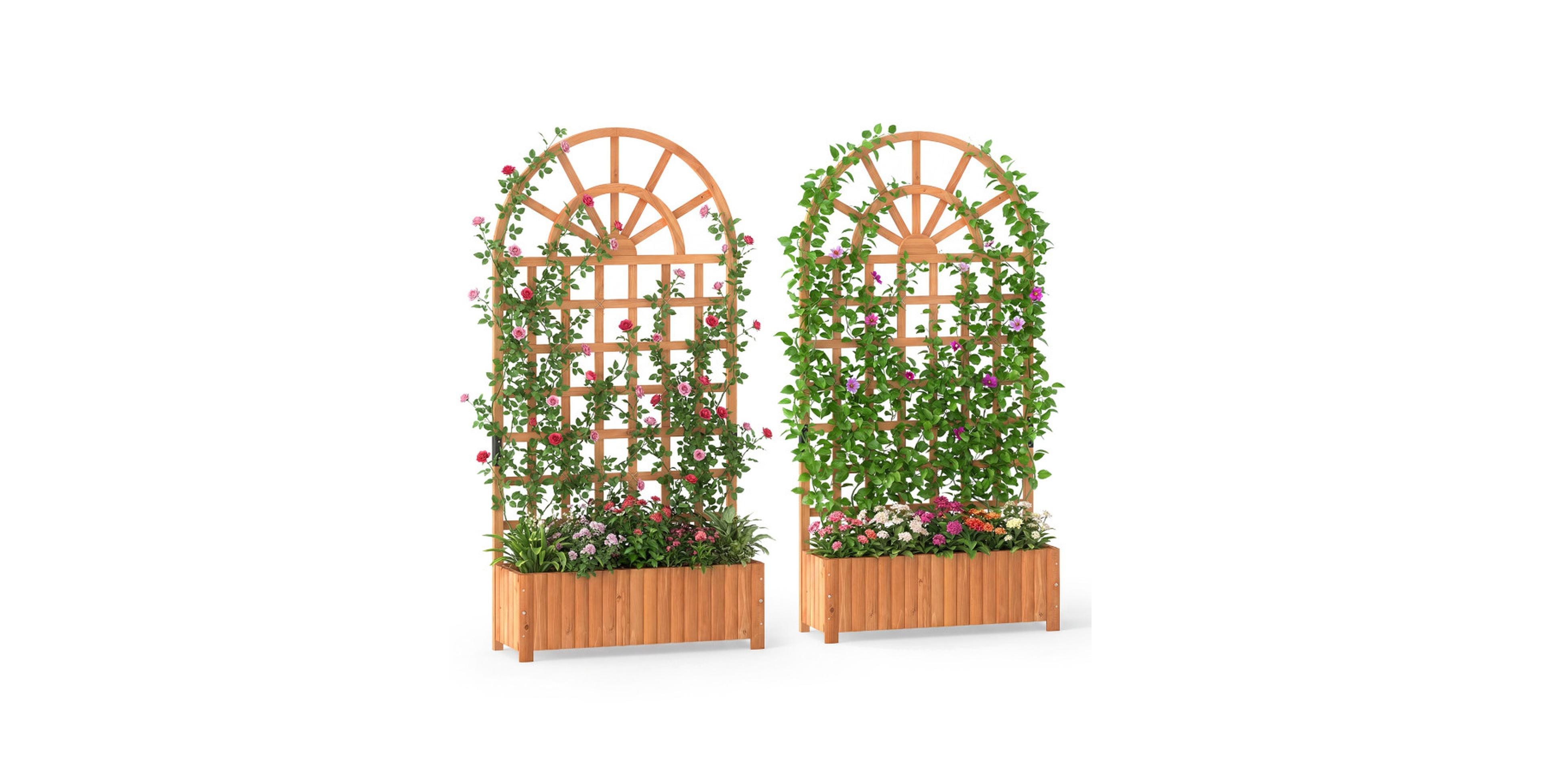 Gouun Set of 2 Fir Wood Raised Garden Beds with 71 Inch Lattice Privacy Trellis