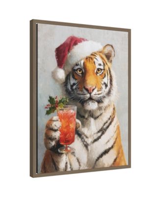 Sylvie Framed Canvas Tiger Festive Cocktail Santa Hat by The Creative Bunch Studio