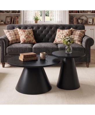 Round Nesting Coffee Table Set of 2, Modern All Wood Grain Top