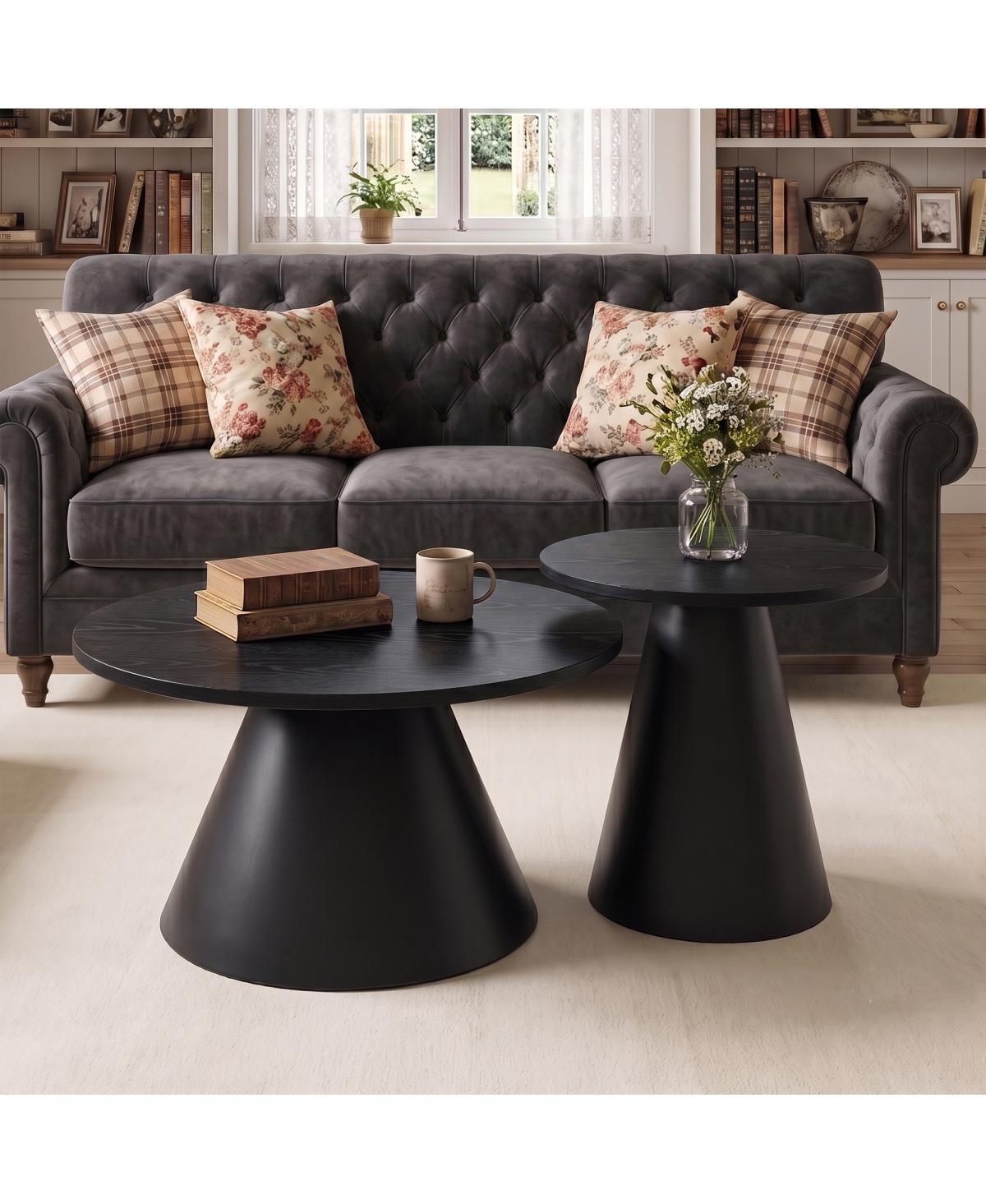 Streamdale Furniture Round Nesting Coffee Table Set of 2, Modern All Wood Grain Top - Black