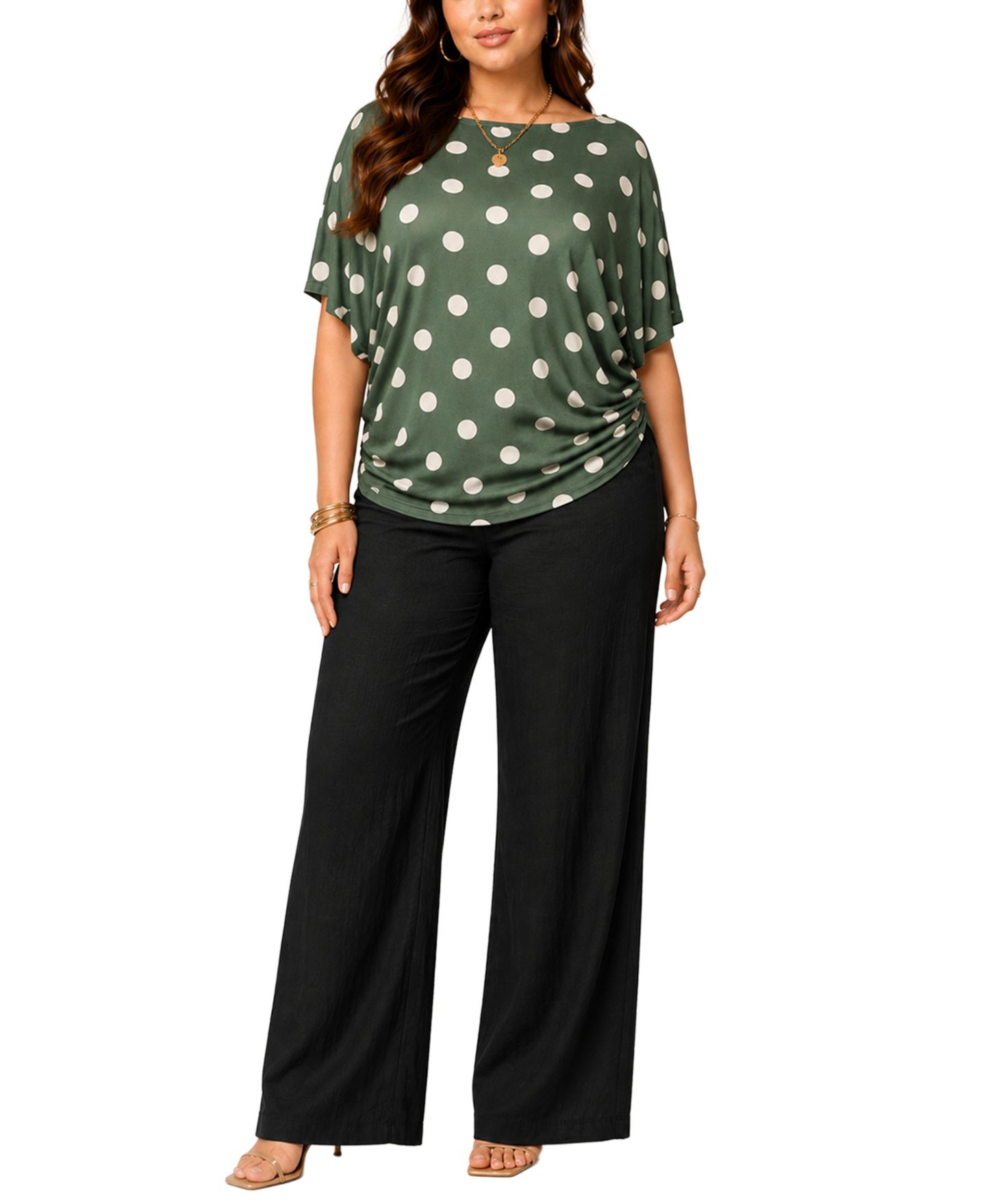 Женская блузка COIN 1804 Plus Size Polka-Dot Boatneck Batwing-Sleeve, цвет: Зелёная слоновая кость — фото 2