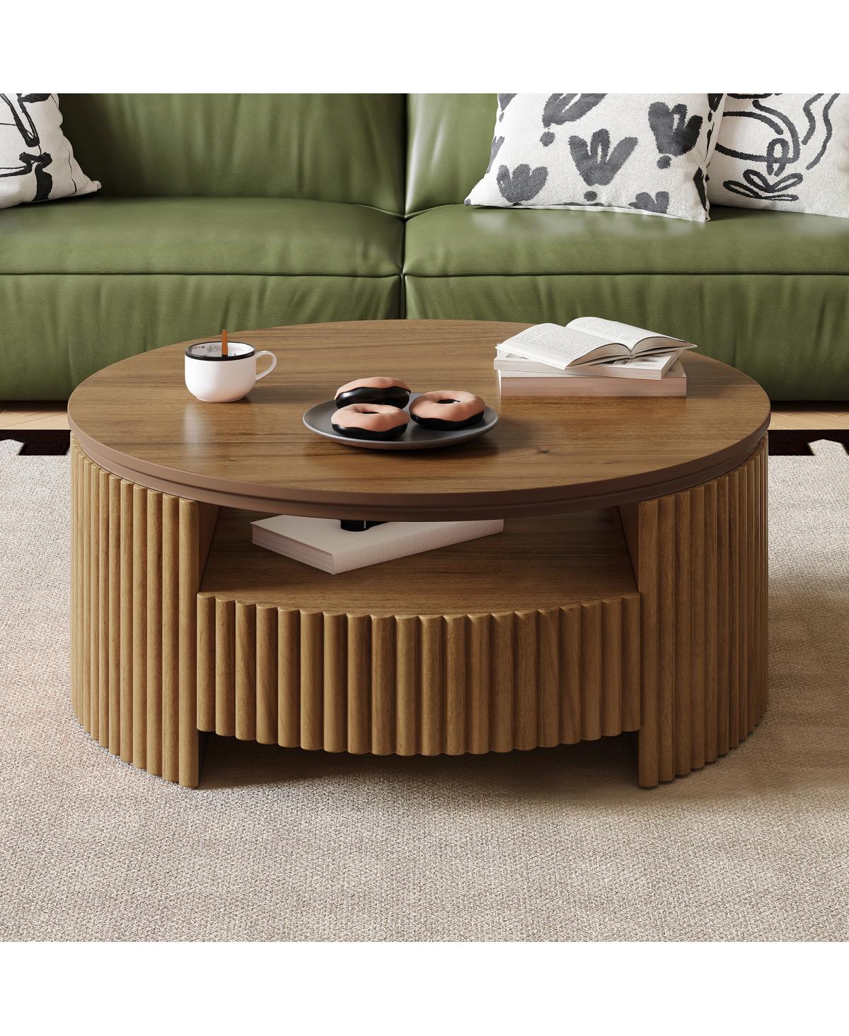 Streamdale Furniture Fluted Round Solid Wood Coffee Table with Storage